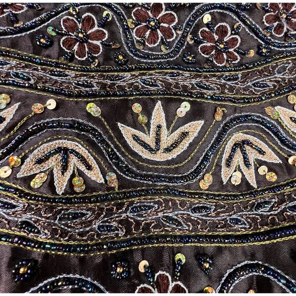 K&K VTG Table Tops Chocolate Brown Satin Floral Embroidered Sequin Shoulder Bag - Picture 9 of 13